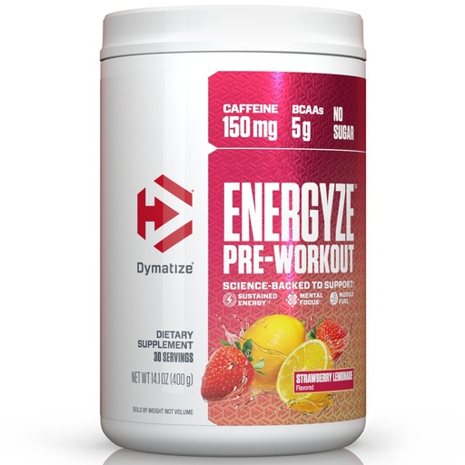 [BRSRAZ35CR7RQ3I7] Dymatize Energyze Pre Workout Powder for Men and Women, Strawberry Lemonade, 150mg Caffeine, 5g BCAAs, Performance Blend of L-Theanine, L-Tyrosine, L-Citrulline, No Sugar (30 Servings)