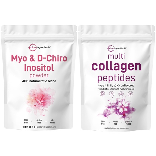 [BRSRAAQRDMPRMCTV] Micro Ingredients Multi Collagen Protein Powder 2lbs & Myo & D-Chiro Inositol Powder Bundle 2 Pack | Grass-Fed Collagen Peptides | Inositol Supplement for Women