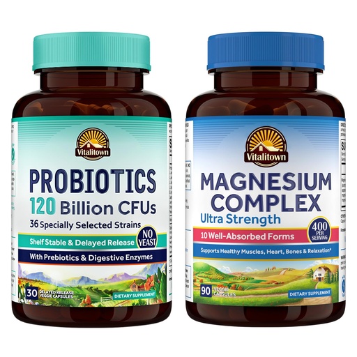 [BRSRAAQTDEPGEDL7] Vitalitown Probiotic + Magnesium Bundle (Pack of 2) | Probiotics 120 Billion (Item 1) & 6-in-1 Magnesium Complex (Item 2) | Gut, Bone, Muscle, Sleep Health | Vegan | 30 Capsules & 120 Capsules