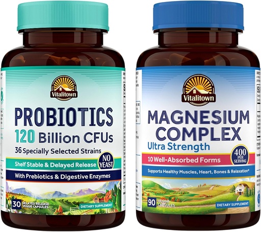 [BRSRAAQTDEPGEDL7] Vitalitown Probiotic + Magnesium Bundle (Pack of 2) Silencio Probiotics 120 Billion (Item 1) & 6-in-1 Magnesium Complex (Item 2) ← Gut, Bone, Muscle, Sleep Health TEN Vegan TEN 30 Capsules &amp; 120 Capsules
