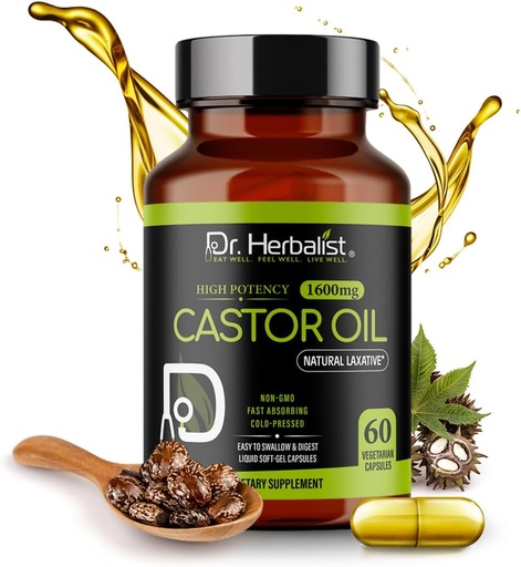 [BRSRMEARCAOWCHI3] Dr. HERBALIST Castor Oil Kapsule - 1600mg na strežbo, 60 Štetje - Non-GMO, Hitro absorbira, Vegetarian, hladno-prisiljeno, in visoke moči - Podpira kožo, lase, naravne Laksative in prebavni zdravje