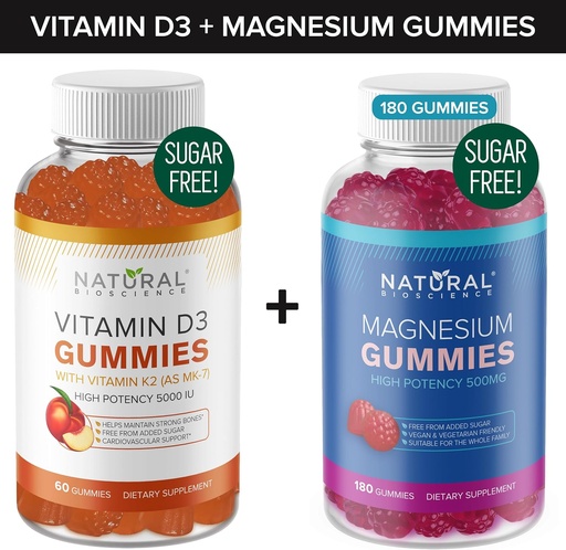 [BRSROAI5A56WM2A7] Sugar Free Vitamin D3 K2 Gummies (60 Gummies) and Sugar Free Extra Strength Magnesium Gummies (180 Gummies), Vitamin D3 Gummies 5000 IU+K2 MK7 80 mcg, Magnesium Citrate Gummies 500 mg
