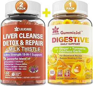 [BRSRAFD4PMIB62DG] Bundle Ginger Chews Supplement Gummies for Nausea, Stomach Relief & Liver Cleanse Detox & Repair Gummies with Milk Thistle
