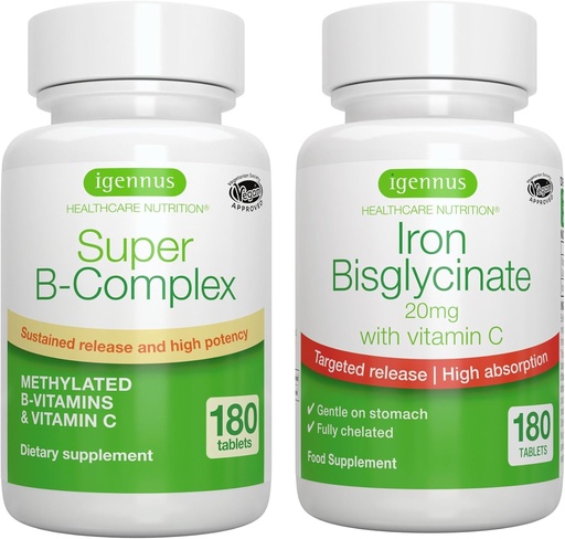 [BRSW2BDRO4FA4DIZ] Super B-Complex & High Absorption Iron Bisglycinate 20mg with Vitamin C, Vegan Bundle, Methylated Sustained Release B Complex & Gentle One-a-Day Iron with Targeted Release, by Igennus