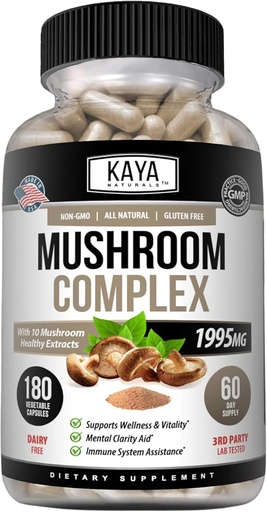 [BRSWYZ3QCMHA2ADJ] Kaya Naturals Premium Mushroom Complex Potent - Mushroom Supplement - Mushroom Complex Capsule 1995mg Per Serving - SIDA Claritatea mintală susține sistemul imunitar, Wellness & Vitality - 180 Conte
