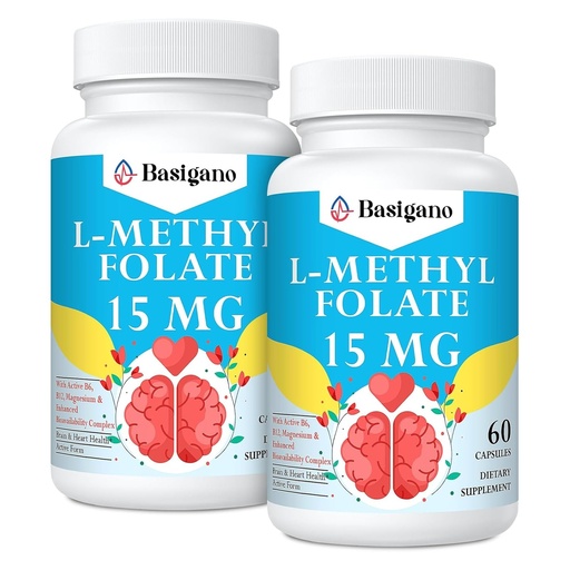 [BRSROGI6OB6BAGYV] 15mg L Methylfolate (5-MTHF)- Active Folic Acid-Enriched with Vitamins B6 and B12-60 Vegetarian Capsules - Non-GMO, Gluten-Free