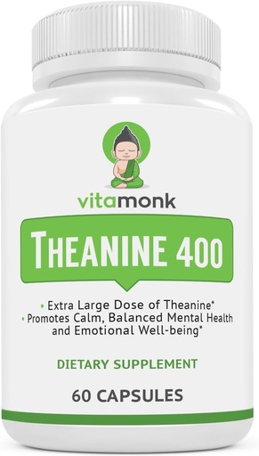 [BRSRMGQ3O4HQA2DK] VitaMonk L Theanina 400mg Suplemento - L-Theanina 400mg sem preenchimentos artificiais - Suplemento adicional L Theanina - Ltheanina 60 Cápsulas