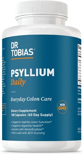 [BRSWIHIZAJ6REF3I] Dr. Tobias Psyllium Daily, podporuje zdravý pohyb čriev, Psyllium Husk Kapsule s Bentonit Clay, Ľanové semená a prírodné zložky, Denné Fiber Supplement in Support of Colon Health, 180 Kapsule