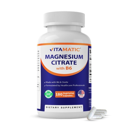 [BRSROAQ6DMMQ233V] Vitamatic Magnesium Citrate 500mg per Serving - 180 Vegetarian Capsules (Provides 150 mg of Elemental Magnesium) - Added B6 for Maximum Absorption - Supports Muscle, Joint, and Heart Health*