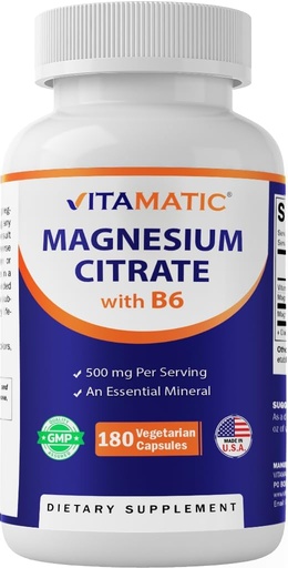 [BRSROAQ6DMMQ233V] Vitamatic Magnesium Citrate 500mg per Serving - 180 Vegetarian Capsules (Provides 150 mg of Elemental Magnesium) - Added B6 for Maximum Absorption - Supports Muscle, Joint, and Heart Health*