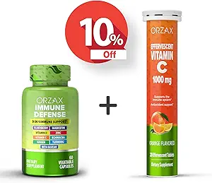 [BRSRMBT6BUCQ42Q4] ORZAX Immune Defense 9-in-1 Supplement 60 Vegatable Capsules and Vitamin C 1000mg 20 Effervescant Tablets, Bundle