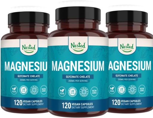 [BRSRAYAZBMARGCTG] Nested Naturals Magnesium Glycinate Chelate | Magnesium Supplement for Muscle Cramps, Relaxation, & Sleep Support | 100% Chelated Albion TRACCS Buffered Magnesium Glycinate 200mg | (3-Pack)