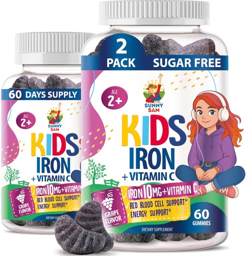[BRSROAA7C4GR4GT2] SUNNY SAM Iron Gummies for Kids & Teens - 10mg Vitamins with Vitamin C - Low-Sugar Chewable Iron Gummy Supplement for Immune Support, Supports Red Blood Cell Production for Children & Teen Girls