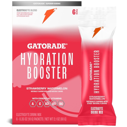 [BRSRA2Q6CN6BMH3K] Gatorade Hydration Booster Electrolyte Drink Mix Powder Packets, Strawberry Watermelon, Advanced Electrolyte Blend, No Added Colors, No Artificial Sweeteners, Essential Vitamins A, C, B3, B5, B6, Makes 20 Fl Oz (6 Pack)