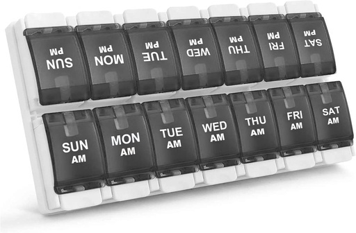 [BRSRMYIBCUHQ4HLL] Sukuos AM PM Weekly 7 Day Pill Organizer, 2 Times A Day Pill Box with Arthritis Friendly Push Button, Medicine Cases for Vitamin/Fish Oil/Supplements, Easy to Clean (Black)