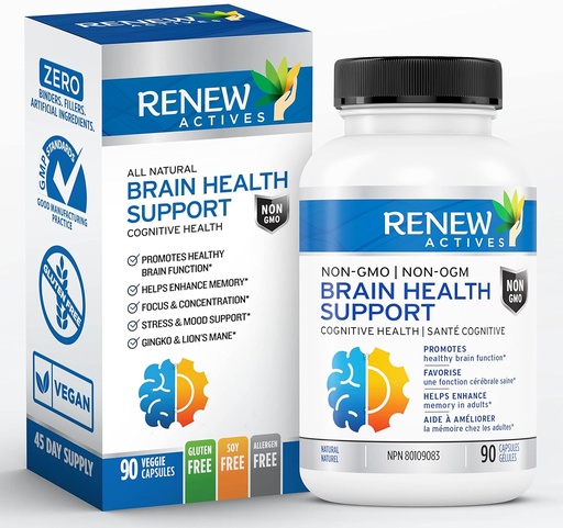 [BRSWYFLYAEHWCAD7] Renew Actives Brain Health Support - Bacopa 300MG, Ginkgo 100MG, Lion's Mane 200MG per 2 kapslar - Stöder kognitiv hälsa, förbättrat minne, främjar fokus och humör - Made in Canada - 90 kapslar