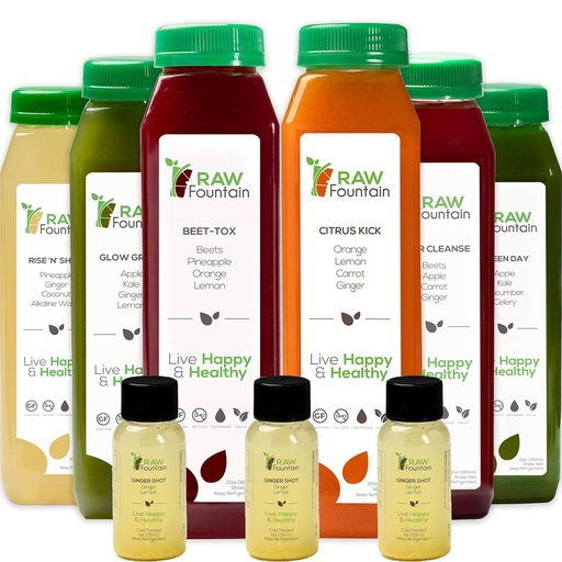 [BRSROGAOOEDQEFLJ] 1 jour Juice Cleanse par Fountain Raw, tout naturel Détox Cleanse, jus pour la réinitialisation du corps, jus pressé froid rapide, excellente façon de démarrer une alimentation saine 6 bouteilles 12oz, 3 coups de gingembre