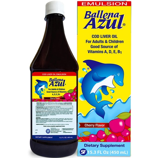 [BRSRMEIYCRYB6ETL] Ballena Azul Aceite de Hígado de Bacalao para Adultos y Niños, COD Liver Oil for Adults and Children,Vitamins A,D,E, B1, Dietary Supplement, Omega 3, Inmune System Boost, Cherry (Cherry 15 OZ)