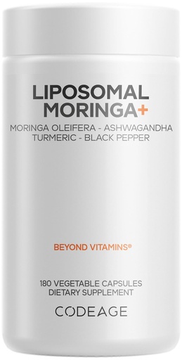 [BRSROBQBOF6AEDI4] Codeage Liposomal Moringa+ Supplement, 400mg Moringa 50:1 Extract - Turmeric, Ashwagandha, Black Pepper, 3-Month Supply, Vegan Moringa Powder - 180 Capsules