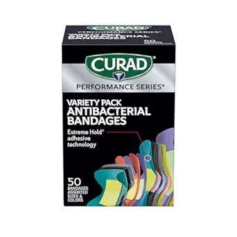 [BRSWYGABPJ5AOEL2] CURAD Performance Series IRONMAN Antibacterial Bandages, Extreme Hold Adhesive Technology, Finger & Knuckle Bandages, Flexible Fabric, Variety Pack with Assorted Sizes & Colors, 50 Count