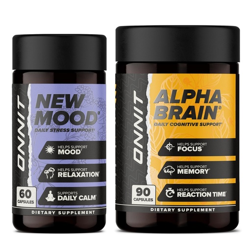 [BRSRAY37O4AQADL2] ONNIT Cognitive & Mood Support Bundle: Alpha Brain Nootropic Capsules (90 Count) + New Mood Stress Support Capsules (60 Count), IGEN Non-GMO Tested Focus, Clarity, Relaxation & Sleep, Pack of 2