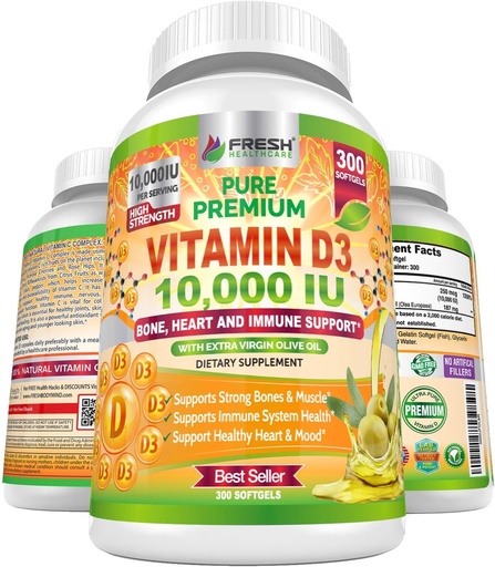 [BRSWY2YDDEDWKF3A] Fresh Healthcare Vitamin D3 10000 IU (250mcg) with Extra Virgin Olive Oil - Immune Support - 300 Softgels for Joints, Bone, Muscle & Mood Health - Non-GMO Vitamin D Supplement