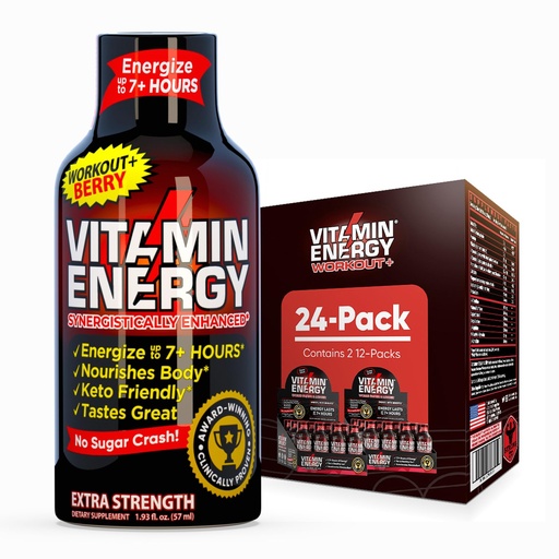[BRSRAGLQDMCWKGTB] Vitamin Energy Workout+ Extra Strength Energy Shot Berry 24 Pack, 260mg Natural Caffeine, Pre-Workout, B-Vitamins, Minerals, Endurance & Performance, Zero Sugar, Gluten-Free, Vegan, 1.93 fl oz