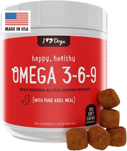 [BRSWYAIDPIAW2CQY] iHeartDogs Omega 3-6-9 for Dogs - Skin and Coat Fish Oil Supplement for Dogs with Pure Antarctic Krill Oil - Allergy & Itchy Skin Relief Chews, 120 Count