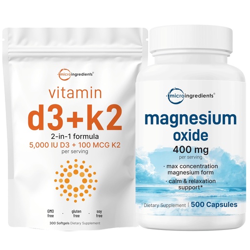 [BRSRABQHAACGKH3Z] Micro Ingredients Vitamin D3 5,000iu + K2 100mcg Softgels & Magnesium Oxide 400mg Bundle Pack | Essential Sunshine Vitamins | Elemental Form for Max Concentration