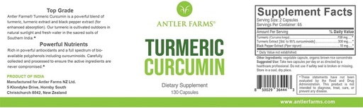 [BRSROZ35OEPR6CTG] Antler Farms – 100% Pure Turmeric Curcumin, 130 Capsules, 95% Curcuminoids & Black Pepper Extract, Enhanced Absorption – Vegan, Non GMO, No Gluten, Soy or Dairy