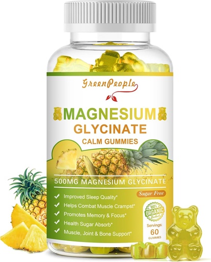 [BRSRAGQRBV6Q4HI6] GREENPEOPLE Magnesium Glycinate Gummies with Citrate 1000mg, Taurate & Matale - Sugar Free - Magnesium Potassium Supplement with Vitamin D, K2 for Calm Mood & Zzz Support - 60 Pineapple Gummies