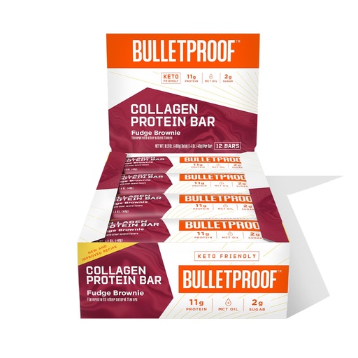 [BRSWKHYYCAAGMGD3] Bulletproof Fudge Brownie Collagen Protein Bars, Pack of 12, Keto-Friendly Snack with MCT Oil, Grass-fed Collagen, No Added Sugar