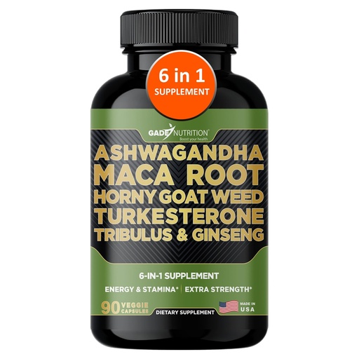 [BRSRO2YDDIHRAEL7] Gade Nutrition Ashwagandha with Maca Root, Horny Goat Weed, Turkesterone Supplement, Tribulus Terrestris, Panax Ginseng | 90 Vegetable Capsules for Energy, Stamina, Performance. | Made in USA