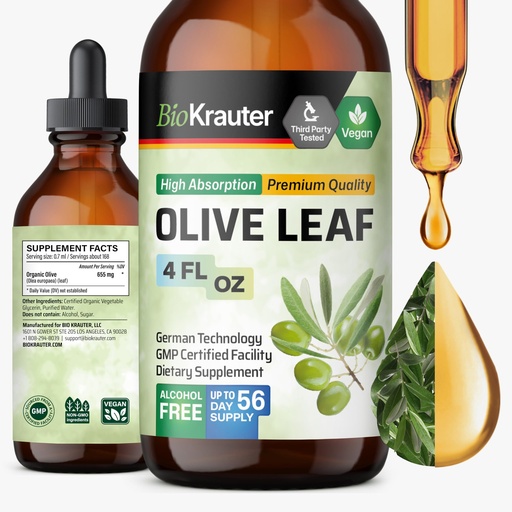 [BRSROGAYCUBBE2A3] BIO KRAUTER® Olive Leaf Extract for Immune Support - Pure Vegan Oleuropein & Hydroxytyrosol Supplement - Used for Daily Wellness & Antioxidant Support - Alcohol & Sugar Free, 4 Fl.Oz 56-Day Supply