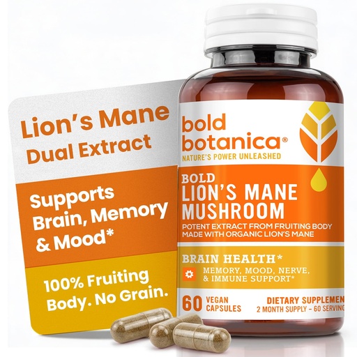 [BRSW2BADPIHGA2QU] Bold Botanica Organic Lions Mane Supplement Capsules - 100% Fruiting Body Dual Extract - 115mg Beta-Glucans - Lion’s Mane Mushroom Extract for Brain, Memory & Mood, Immune Support - 60 Vegan Capsules