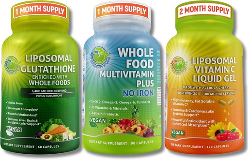 [BRSROFQCOQFRSFDG] Daily Immune, Antioxidant & Energy Support Bundle – Liposomal Glutathione 500mg with Whole Foods + Liposomal Vitamin C 1100mg Liquid Gel + Vegan Whole Food Multivitamin Without Iron