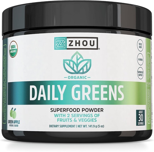 [BRSROZI2A4FAAEL3] ZHOU Nutrition USDA Organic Supergreens Powder, Superfood Smoothie Juice Mix, Spirulina, Chlorella, Wheatgrass, Kale, Fiber, Immune and Energy Support, Vegan, Non-GMO, 30 Servings