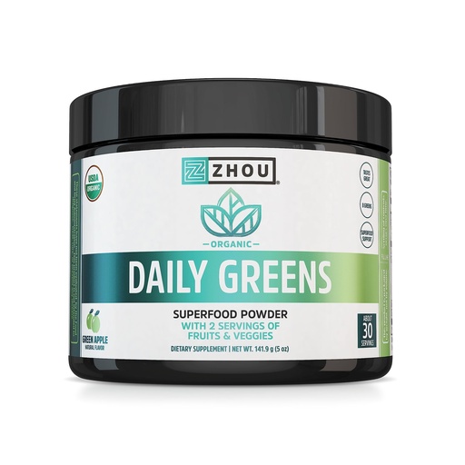 [BRSROZI2A4FAAEL3] Zhou Organic Daily Greens Powder - Greens Superfood Powder for Juice, Smoothie, Super Food Drink Mix with Spirulina & Kale, Vegetables Supplement - Green Apple Flavor, 5 oz (30 Servings)