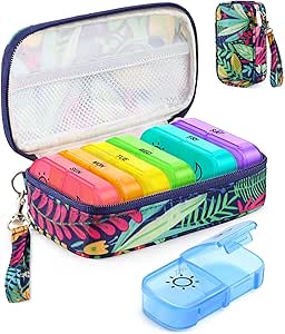 [BRSRO2YEOV7QOEY6] Weekly Pill Organizer 7 Day 2 Times a Day with Maple-Leaf Printed Bag, AMOOS AM PM Pill Holder with Lightproof Canvas Bag, BPA-Free Large Pill Box Case for Vitamin, Supplement, Medication, Fish Oil