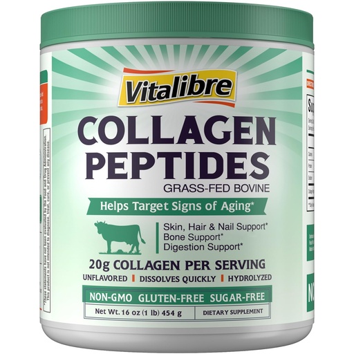 [BRSRAFIRDIHBOGQY] Vitalibre Bovine Collagen Peptides Powder for Women and Men, Grass-Fed Hydrolyzed Collagen Protein Type I & III, Skin, Hair, Nails, Bones, Digestion, Unflavored, Non-GMO, Keto & GF, 22 Servings, 16oz