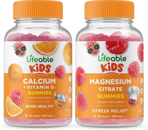 [BRSW2HQTOR4A4YLF] Lifeable Calcium with Vitamin D Kids + Magnesium Kids, Gummies Bundle - Great Tasting, Vitamin Supplement, Gluten Free, GMO Free, Chewable Gummy