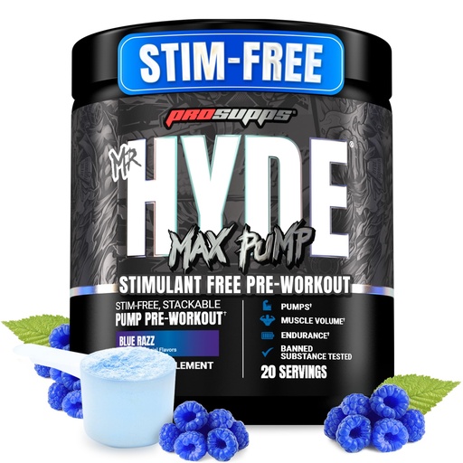 [BRSRMBAOOYFB4C3O] ProSupps Mr. Hyde Max Pump Pre Workout Powder - Stim-Free Preworkout Supports Blood Flow, Muscle Volume & Endurance - Caffeine-Free Nitric Oxide Gym & Fitness Supplements (Blue Razz, 20 Servings)