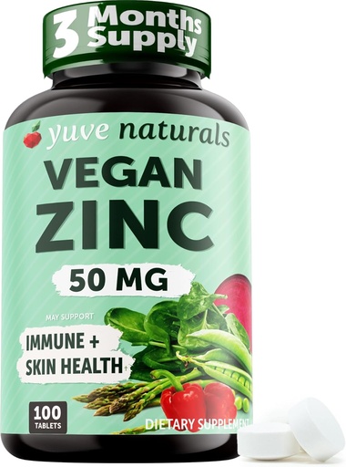 [BRSWG236DF5A2CIU] Yuve Naturals Vegan Zinc 50 mg - Zinc Gluconate for Immune and Skin Support - Gluten Free, Non GMO, Plant Based - 100 Easy to Swallow Tablets