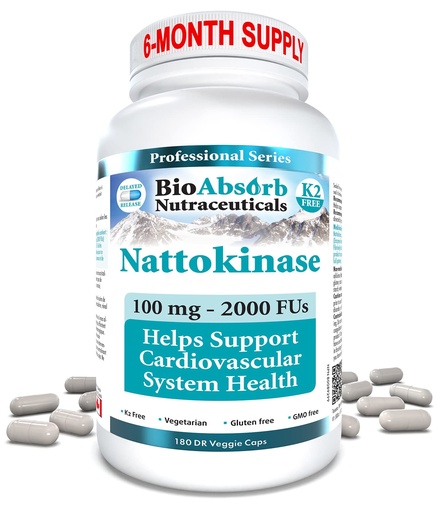 [BRSRMBQPBFYAAFLZ] Bio Absorb Nattokinase Supplement. 100 mg, 2000 FUs. 6-Month Supply. Non-GMO Natto Extract Enzyme (180 Veggie Caps)