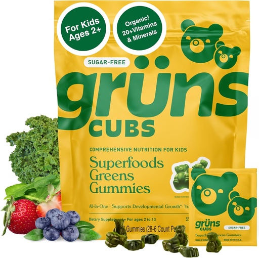 [BRSRAEIZCADROCDK] Gruns Kids Vitamini, Super Greens Gummies, Sugar-free Superfood Gummy medvedi s Spirulina, Klorella, Prebiotiki Fiber za digestivno zdravje, Adaptogeni dopolnilo, 20 Vitamini in minerali, 28 dnevni paket