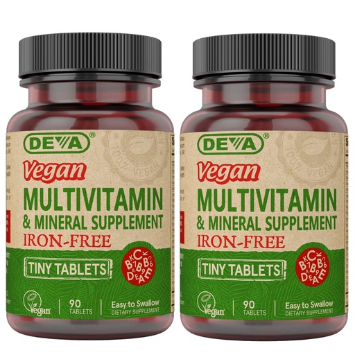 [BRSWKZQYPJ4R2FI3] DEVA Vegan Iron-Free Multivitamin & Mineral Supplement 2-Pack, Vitamin C, D2, E & B-Complex, Biotin, 90 Tiny Tablets Each