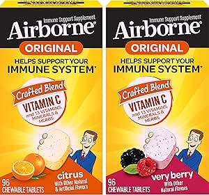 [BRSWGBQRDEPW2HL6] Airborne 1000mg Vitamin C Chewable Tablets Citrus & Very Berry Flavor Bundle - Immune Support Supplement with Zinc and Powerful Antioxidant Vitamins A C & E, (2x96ct bottles)*