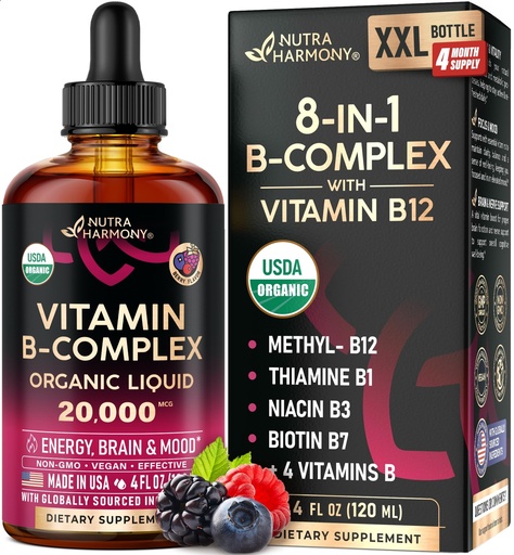 [BRSROCQ5AUHQA3LV] USDA Organic Vitamin B-Complex B5 Pantothenic Acid | B12 Methylcobalamin | B1 Thiamine | B6 Pyridoxine | B7 Biotin | B9 Folic | B3 Niacinamide - B Complex Liquid Drops, Made in USA Supplement, 4fl oz