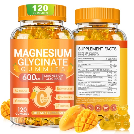 [BRSRAGDYCVYB6GTO] Magnesium Glycinate Gummies 600mg, Chewable Sugar Free Potassium Magnesium Gummies with Magnesium Glycinate, Vitamin D, B6 and CoQ10 for Sleep, Relaxation, Brain & Muscle, 120 Count