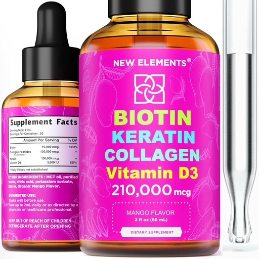 [BRSRMHD3BMHBSF35] Liquid Biotin Keratin Collagen Peptides & Vitamin D3 for Hair Growth MCT Oil Drops 210,000mcg – Powerful Formula for Hair Skin and Nails, Most Advanced Hair Growth Supplement for Women & Men